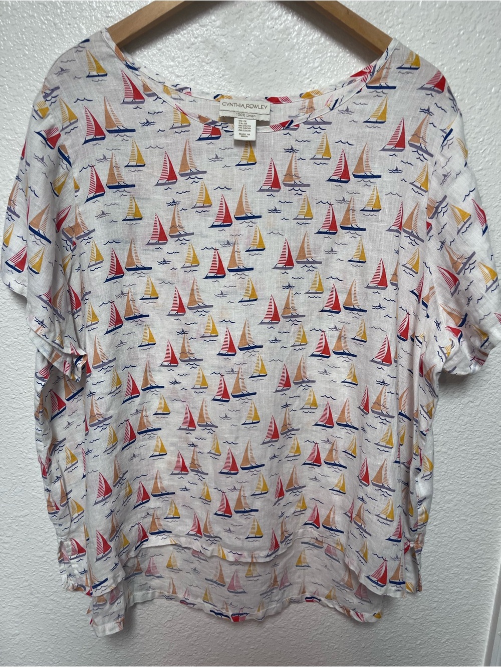 Cynthia Rowley 100% Linen Blouse Plus SZ 2X Tunic Top Beach Sail Boat Novelty
